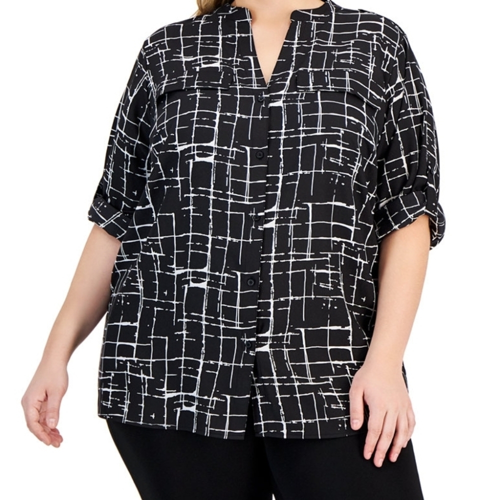 Calvin Klein Plus-Size (Size 2X) Mandarin-Collar Roll-Tab White Women's Top